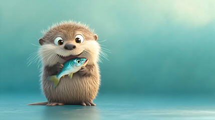 Fototapeta premium A cute otter happily holding a fish, showcasing a playful moment in nature.