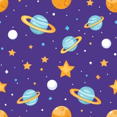 Minimal seamless space illustration. A colorful space-themed pattern featuring planets, stars, and moons on a vibrant purple background.