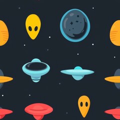 Naklejka premium Minimal seamless space illustration. A colorful pattern featuring aliens, planets, and spaceships against a dark starry background.