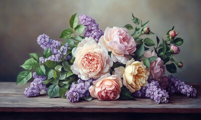 Soft pastel-colored flower arrangement with delicate roses, charming accents, and elegant design for refined decor