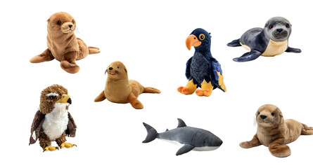 Naklejka premium Collection of Plush Sea Animals and Birds with transparent Background.