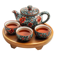 Traditional Chinese Tea Set with Delicate Cups and Teapot Isolated on Transparent Background