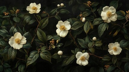 A detailed depiction of white flowers and green leaves on a dark background.