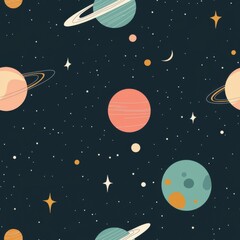 Minimal seamless space illustration. A whimsical cosmic pattern featuring colorful planets, stars, and a crescent moon against a dark background, evoking a sense of space and wonder.
