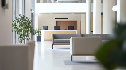 Modern office lobby with minimal design, embodying simplicity and professionalism in a clean, natural light setting.
