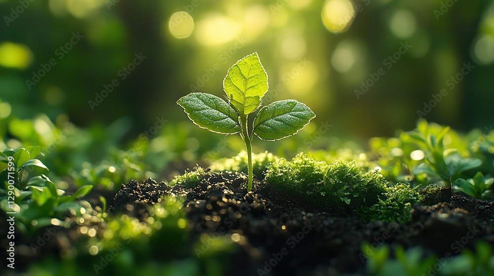 Poster little seedling in the moisty soil bokeh effect in the background