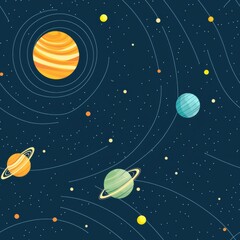 Minimal seamless space illustration. A colorful illustration of planets in space, featuring various sizes and colors against a dark starry background.