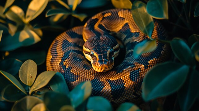 Coiled ball python in lush green foliage at sunset.