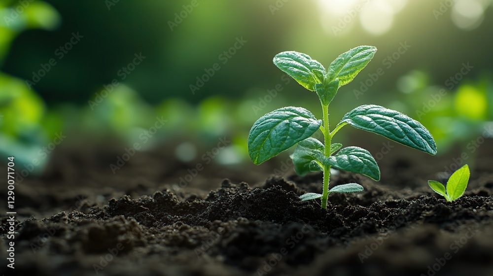 Poster little seedling in the moisty soil bokeh effect in the background