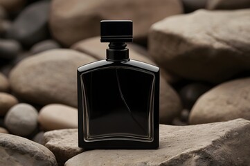 sleek rectangular black perfume bottle has a glossy finish, reflecting subtle light design is placed on a rugged and textured rock