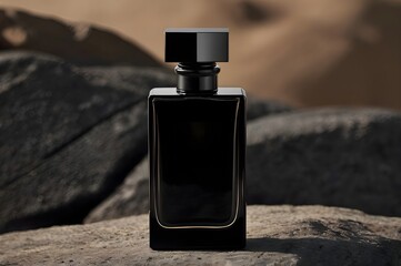 Glass rectangular black perfume bottle with a glossy finish, reflecting a subtle light design, is placed on a rough and textured rock