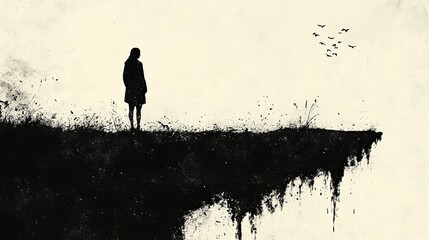 lonely person standing at cliff s brink stark contrast black and white illustration
