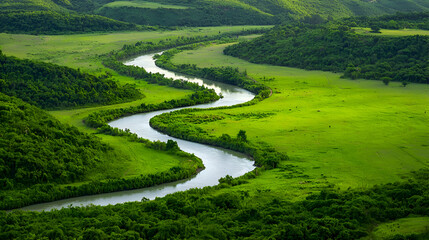 Aerial View of a Serpentine River Winding Through Lush Green Tropical Landscape