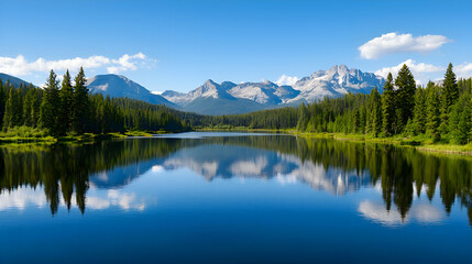 Serene Mountain Lake Reflection with Blue Sky