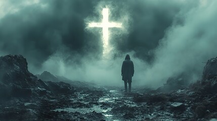 Obraz premium luminous cross with a man standing in front of it dark foggy landscape
