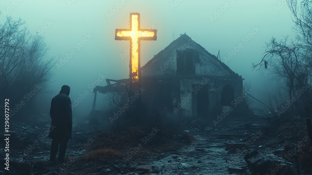 Aufkleber luminous yellow cross on top of a destroyed house silhouette of a man looking at it in the fog