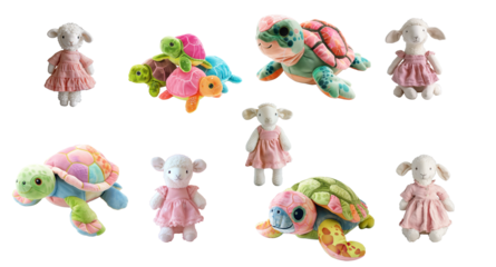Collection of Stuffed Animals Lambs and Turtles in Pink Dresses with transparent Background.