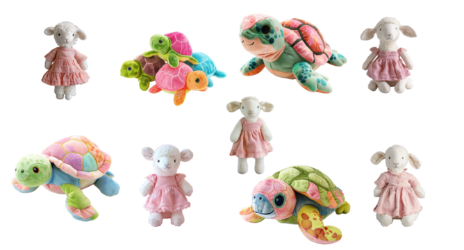 Collection of Stuffed Animals Lambs and Turtles in Pink Dresses with transparent Background.