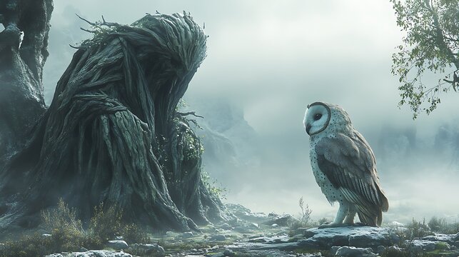 Owl, tree guardian, misty mountain, fantasy art