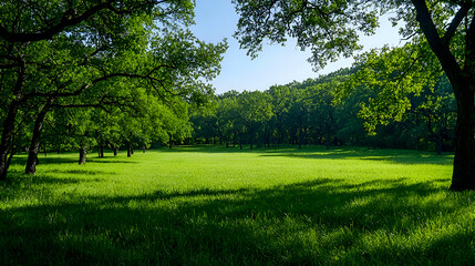 Sunlit Green Meadow Surrounded by Lush Trees