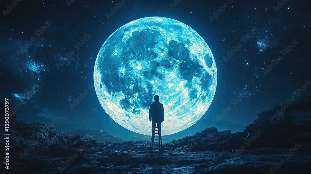 Leinwandbilder man standing on a ladder to reach the moon 3d rendering