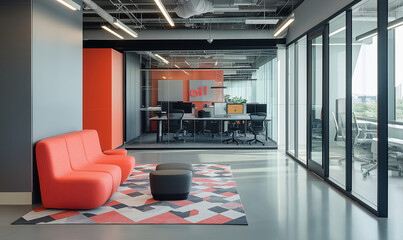 Modern open office featuring expansive glass walls, collaborative areas, and innovative design for dynamic productivity.