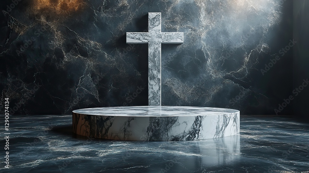 Aufkleber marble cross with marble podium on dark background 3d rendering