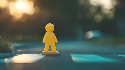 A yellow pedestrian crossing figure on a road, symbolizing safety and awareness for drivers and walkers.
