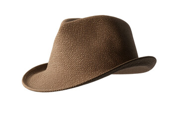 Tan straw hat with a brown band sits on a white background, isolated