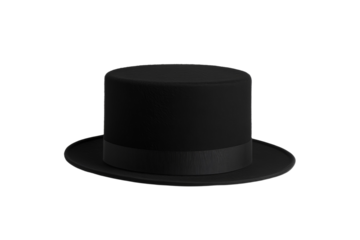 Black hat with a black ribbon around the base, isolated