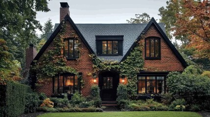Charming brick house with ivy, autumn foliage.