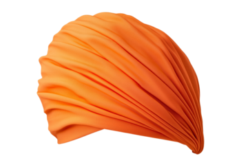 Large orange scarf is draped over a person's head, isolated