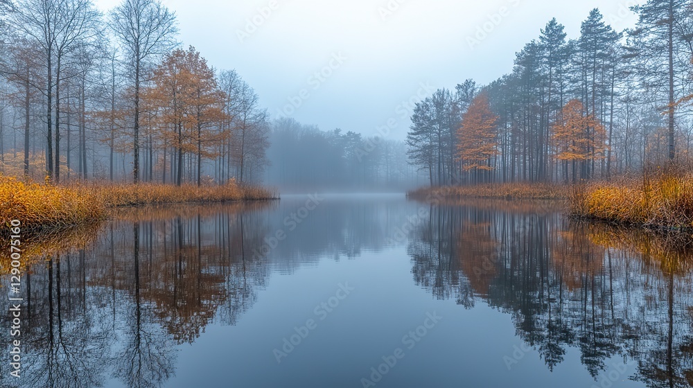 Poster misty reflections foggy misty morning on the lake with reflection of trees