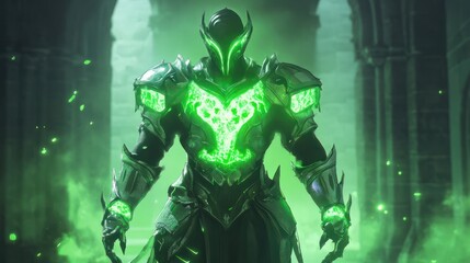 Fototapeta premium A menacing armored figure stands in a dimly lit, ancient stone hall, illuminated by an eerie green glow emanating from its chest, suggesting a supernatural presence in a fantasy setting