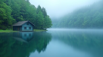 Fototapeta premium misty reflections foggy misty morning on the lake with reflection of trees