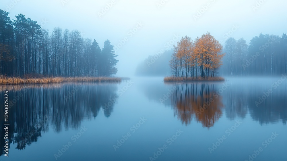 Poster misty reflections foggy morning on the lake with reflection of trees in water