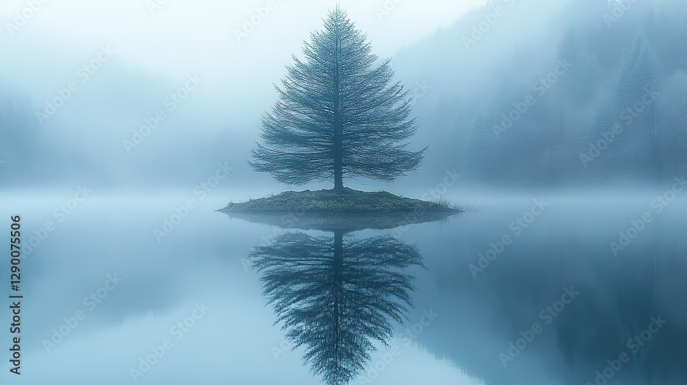 Aufkleber misty reflections reflection of lone island with trees in the lake misty landscape