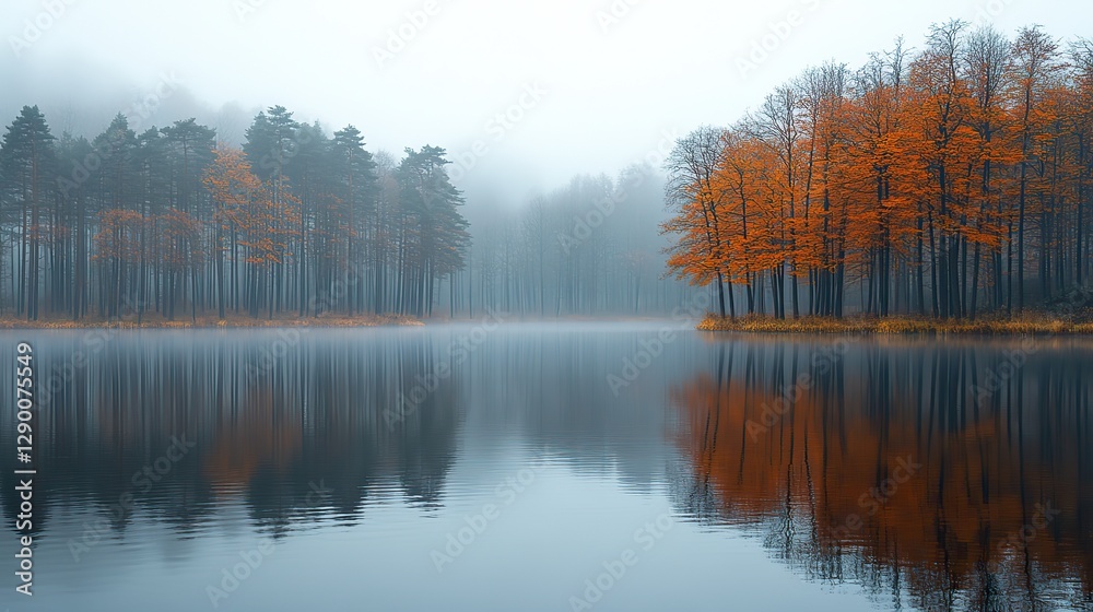 Poster misty reflections reflection of trees in a lake in foggy weather