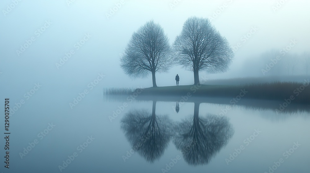 Poster misty reflections two trees reflecting in a lake in a foggy misty morning