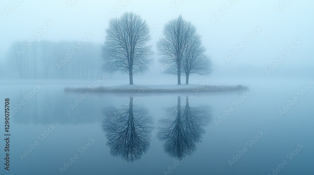 Poster misty reflections two trees reflecting in a lake in a foggy misty morning