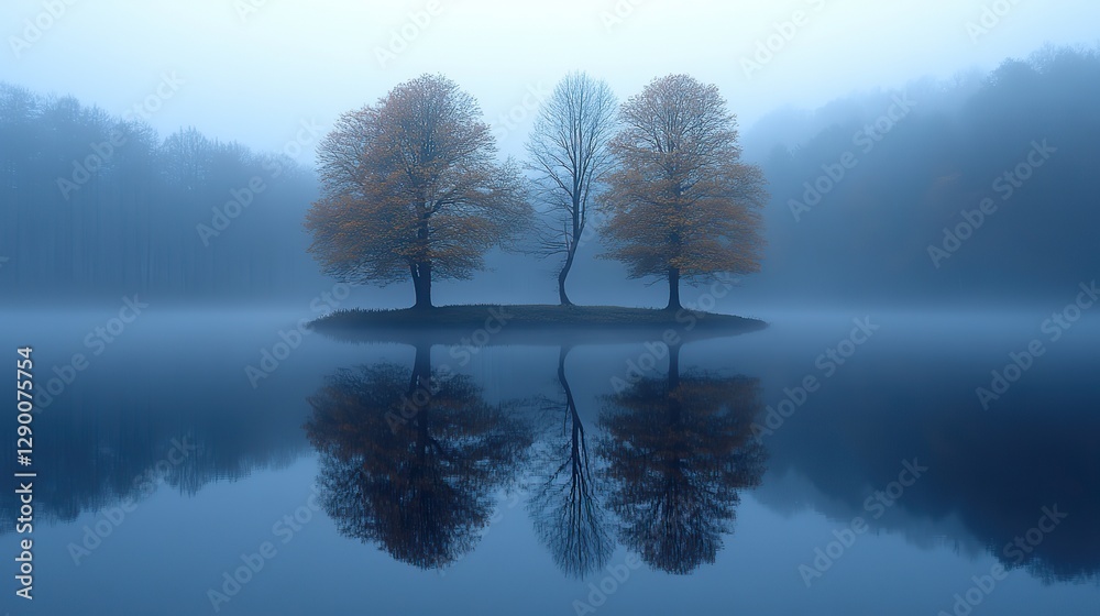 Poster misty reflections two trees reflecting in a lake in a foggy misty morning
