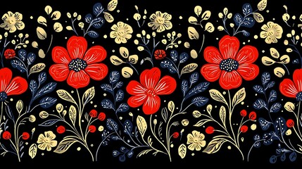 Fototapeta premium Vibrant floral pattern design digital art textile black background close-up nature inspiration