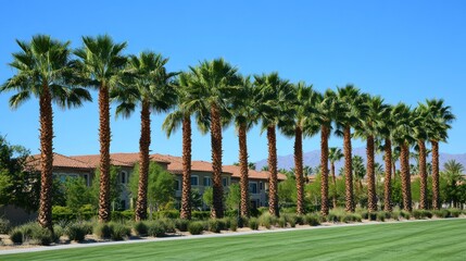 Row of palm trees lining a manicured lawn near residential buildings under a clear blue sky.