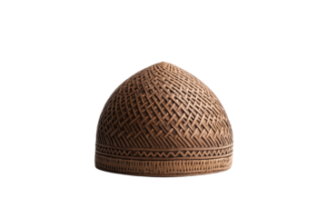 Brown hat with a patterned design sits on a white background, isolated