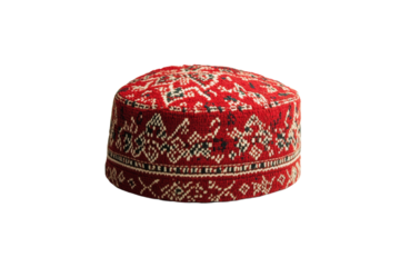 Red and white oriental style hat with a black and white design, isolated