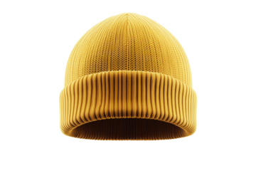 Yellow knit hat with a brown band sits on a white background, isolated