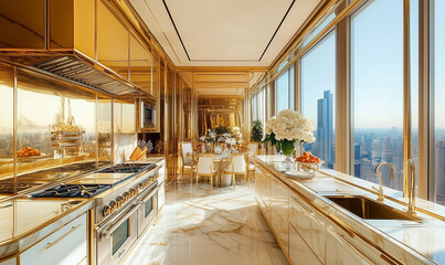 Luxurious penthouse kitchen with gold-accented surfaces and sleek design epitomizes gourmet sophistication for discerning taste