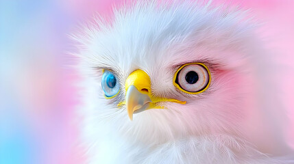 Fluffy white eagle close-up, pastel background, wildlife portrait