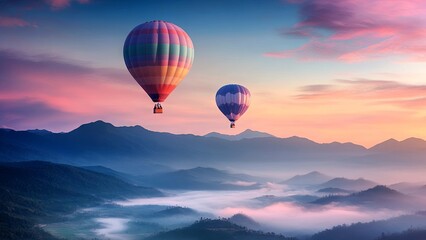 Fototapeta premium Multicolored balloons flying over misty mountains at sunset. Colorful hot air balloons on blue sky with clouds. Cinematic. Generated AI.
