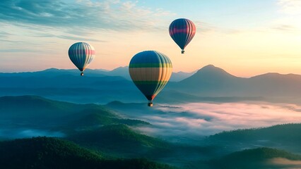 Obraz premium Multicolored balloons flying over misty mountains at sunset. Colorful hot air balloons on blue sky with clouds. Cinematic. Generated AI.